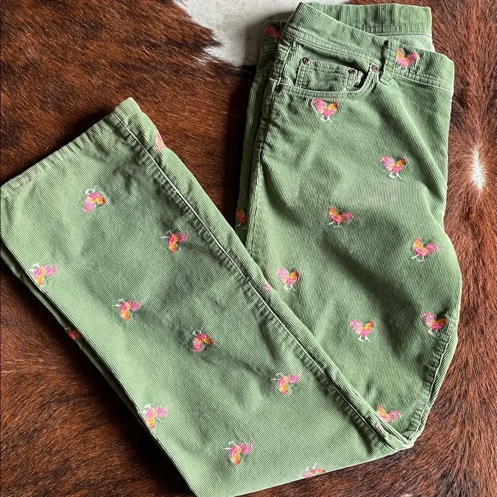 J. Crew Green Corduroy Boot-Cut Pants with Pink & Orange Embroidered Chickens - Picture 1 of 7
